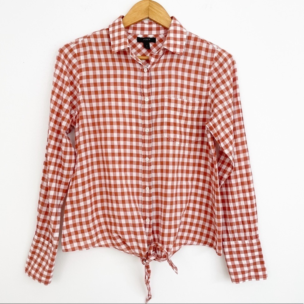 J. Crew Red Gingham Plaid Tie Front Button Down Shirt Size 4